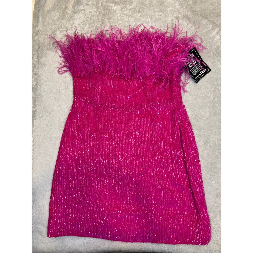 Retrofete Womens Sequin Feather Trim Mini Dress Pink